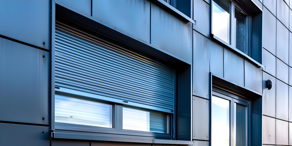 Eine außen Rollade for einem Doppelfenster an einer modernen Hauswand
