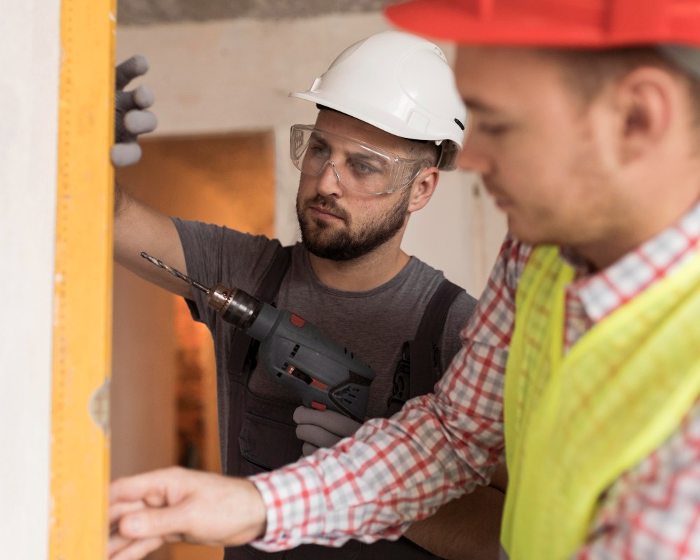 Zwei Handwerker arbeiten mit der Wasserwage.